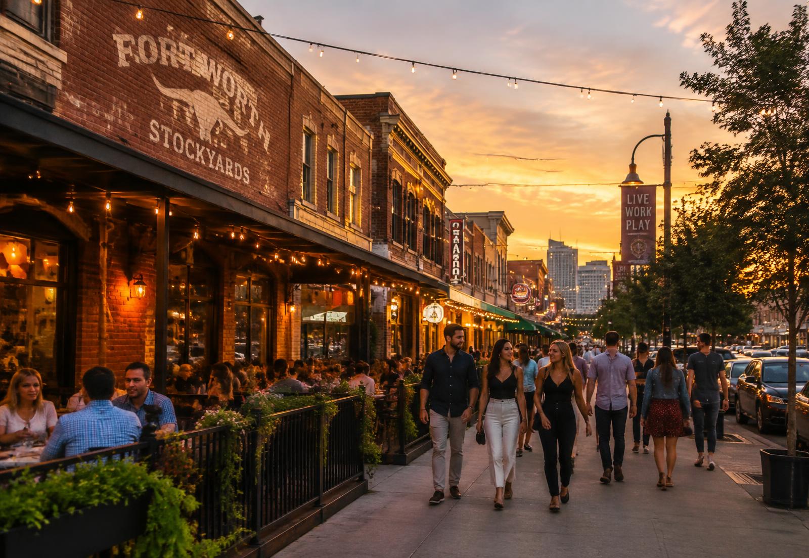 A walkable Texas urban village street at golden hour
